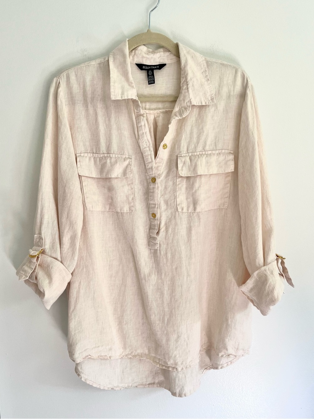 Ellen Tracy Cream 100% Linen Coastal Grandma Boho Popover Long Sleeve Top Large